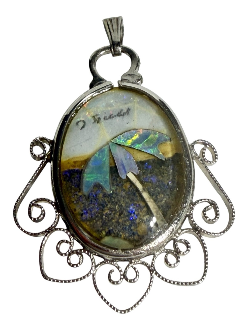 Art Deco Iridescent Inlaid Mosaic Opal Tropical Scene Silver Filigree Pendant
